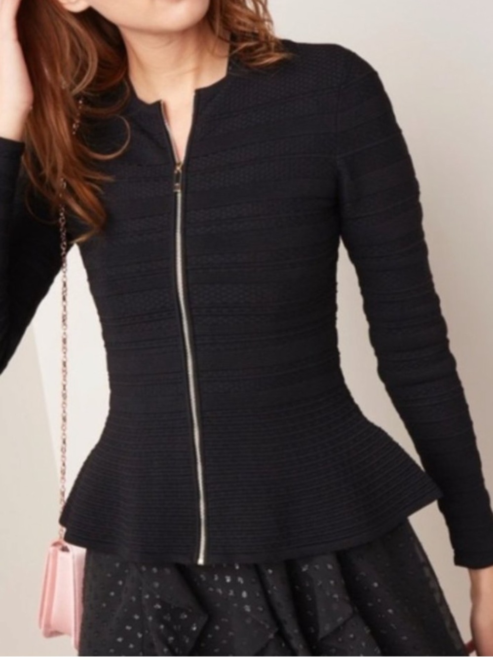 Ted Baker Deari Black Ribbed Knit Peplum Zip Cardigan Size 0